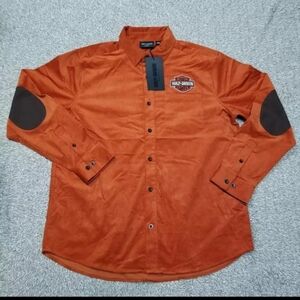 Harley Davidson Size XL Men Button Down Corduroy Long Sleeve Shirt Orange Brown